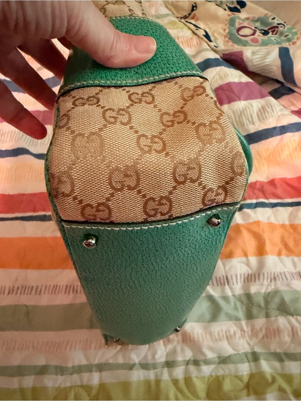 Gucci Abbey Tote   Beige GG Canvas Tote with Teal Leather Accents